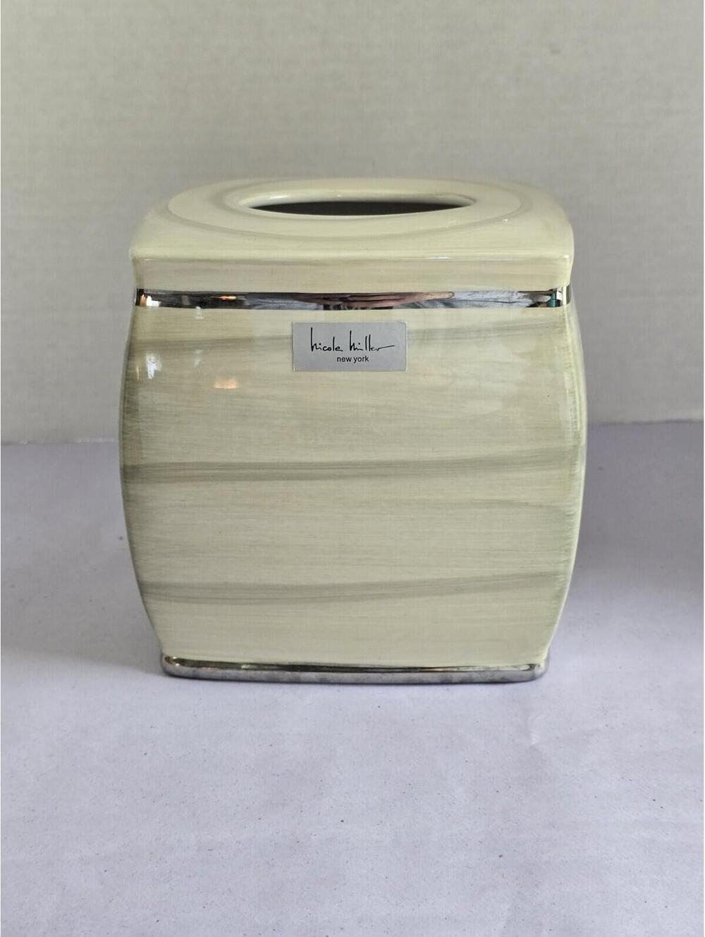 Ceramic Tissue Box Cover Sage Green and Silver  Nicole Miller New York